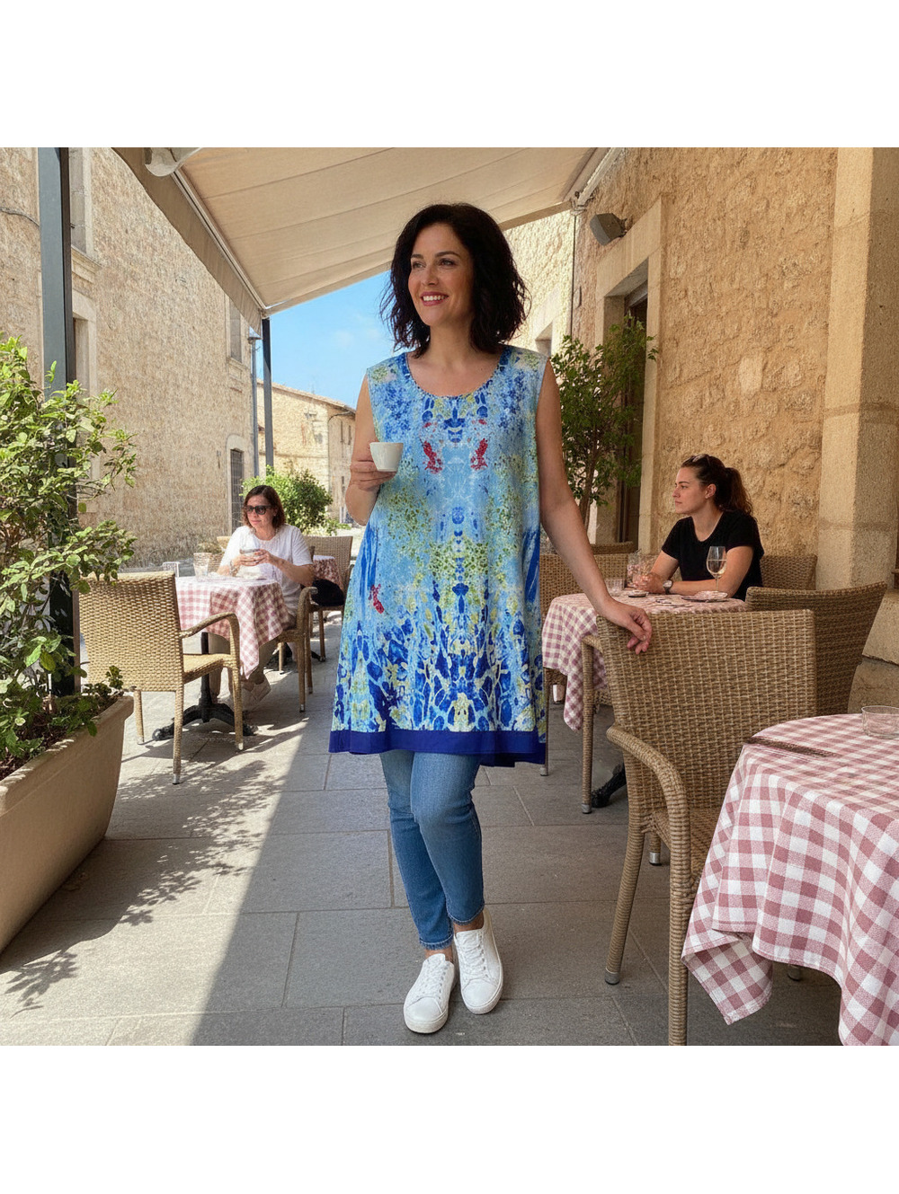 083 CW Classics Womens Blue Abstract Print Sleeveless Tunic Top L Relaxed Fit